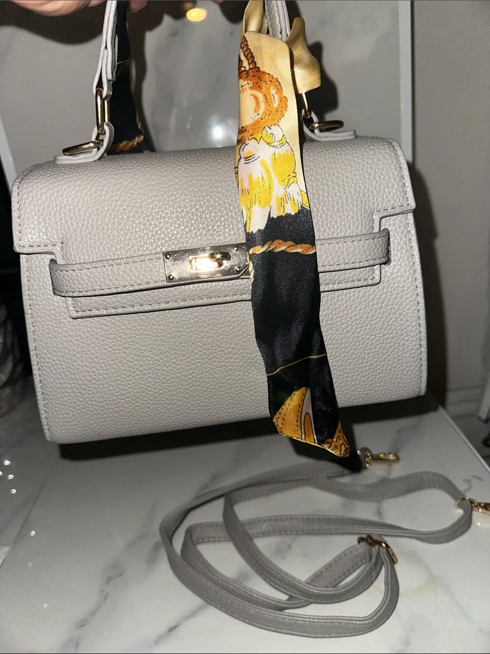 Stylish Gray Leather Crossbody Bag with Scarf Accent